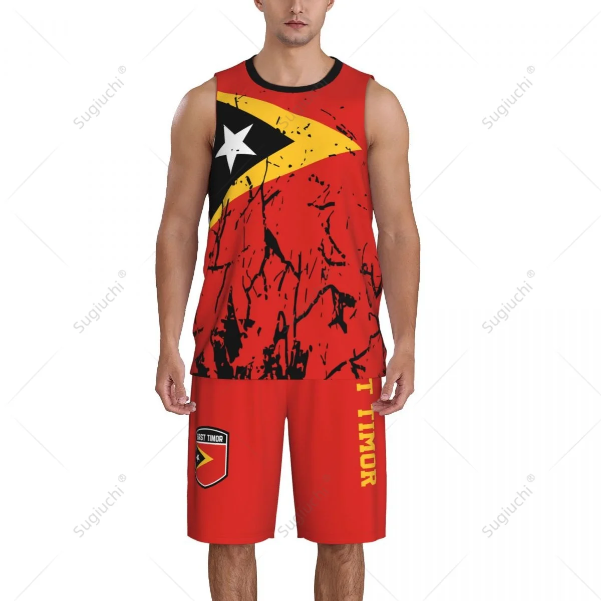 Conjunto sem mangas de basquetebol para homens, equipa, Timor Leste, grão de bandeira, camisa e calças, nome personalizado, exclusivo nunber