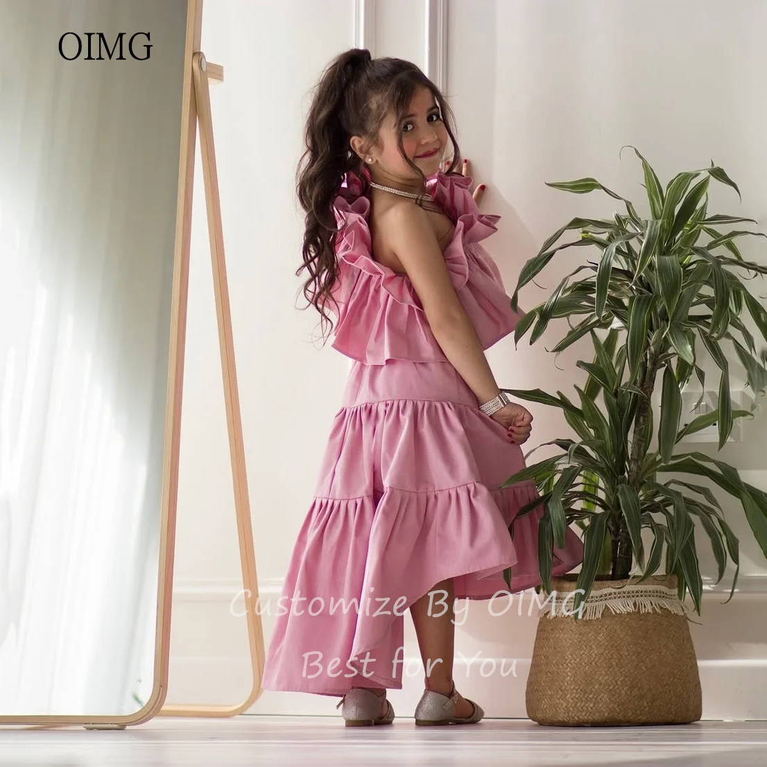 OIMG Pastrol una línea vestidos de flores para niña vestido sin mangas con lazo vestido de fiesta de boda vestido largo de princesa para cumpleaños personalizado