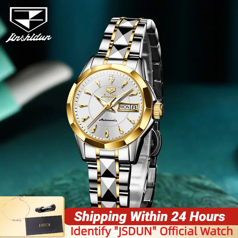 

JSDUN Элегантные женские часы с сапфировым стеклом и зеркальным лицом, ремешок из вольфрамовой стали, роскошные женские часы с японским механизмом и бриллиантами