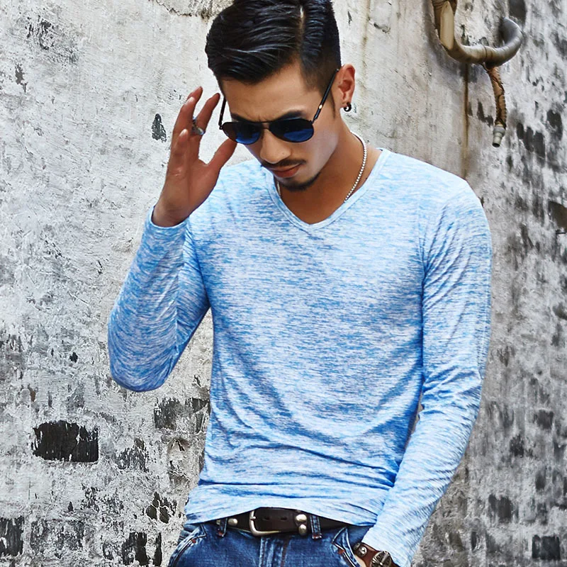 Pop Casual Men's Long Sleeves Muscle V Neck Slim T-Shirt Solid Color Activewear Tops Tee Undershirt T Shirt Man Clothing