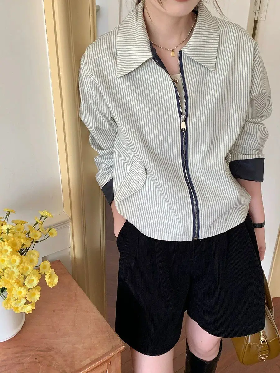 Korean-style Striped Jacket Double-sided 2025 Spring and Autumn New Casual Versatile Loose Slimming Top Trendy