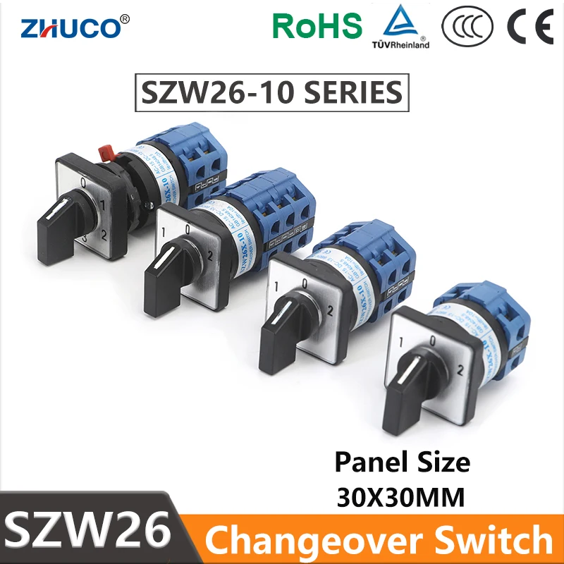 ZHUCO SZW26/LW26-10 1/2/3 Phase Small Double Ways Power Switching Selector Rotary Cam Switch 3 Position Lines 10A ON-OFF ON