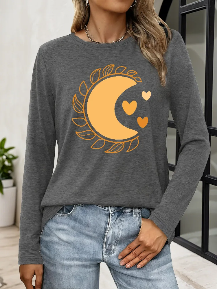 ひまわり月柄 レディース カジュアル プリント 長袖 Tシャツ クルーネック Y2K トップス ティー 通気性のある混紡生地 春秋向け