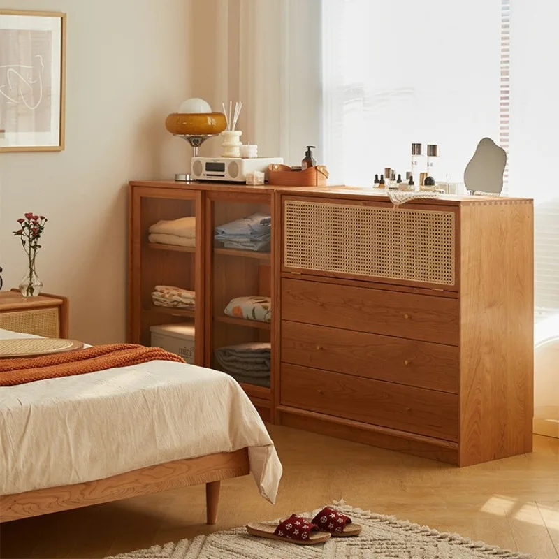 Free combination lattice cabinet, household solid wood cherry wood Japanese rattan storage all solid wood bookcase