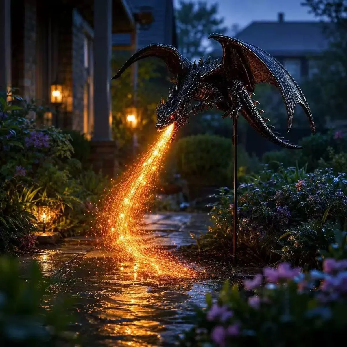 Solar Dragon Garden Light Outdoor Fiber Optic Fire Breathing Dragon Statue Decorative Yard Lamp for Patio Lawn Decor
