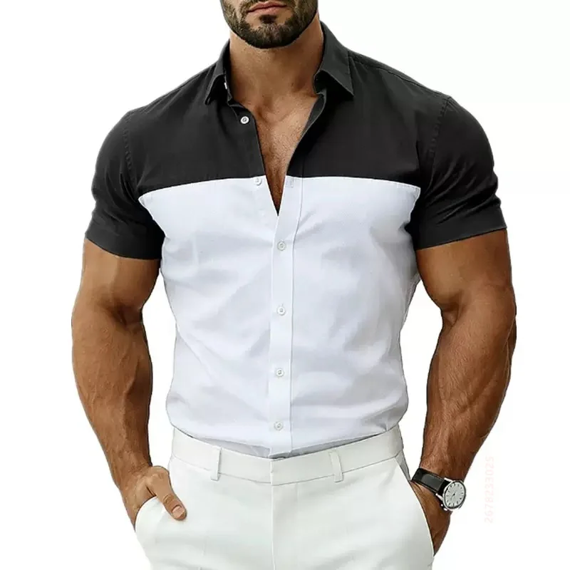 2026 Summer New Men's Black and White Color Block Short-Sleeve Shirt, Stylish Street Style, Casual and Versatile Men's Top