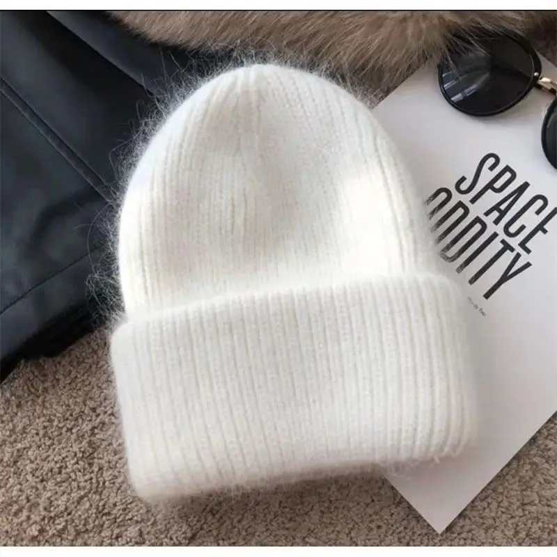 Neutral Solid Color Rabbit Fur Knitted Hat Solid Color Foldable Pullover Cap Vertical Striped Winter Anti Cold Urine Beanie