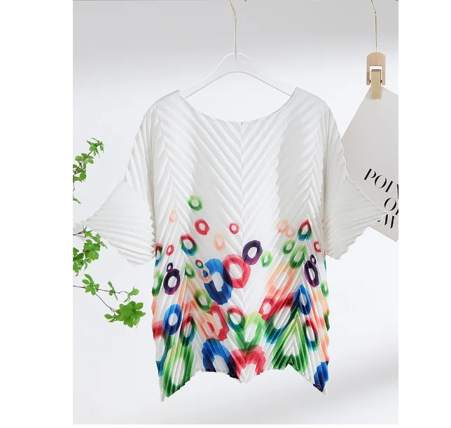 HOT SELLING Miyake fashion half Sleeve folds of print o-neck T-shirt  IN STOCK