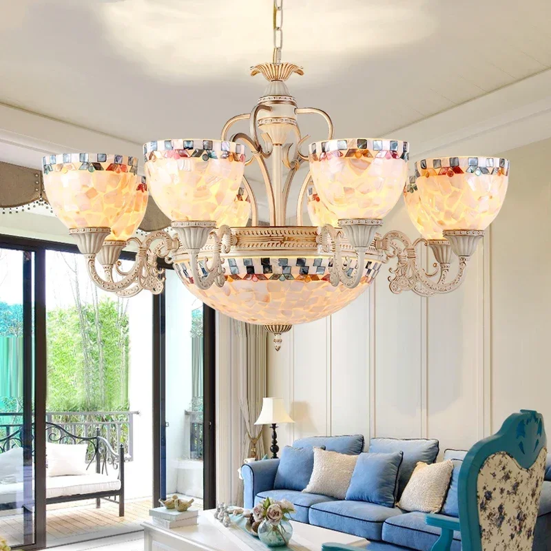 Mediterranean Style Idyllic Living Room Chandelier European Bedroom French Retro Hong Kong Style Handmade Art Shell Lamp