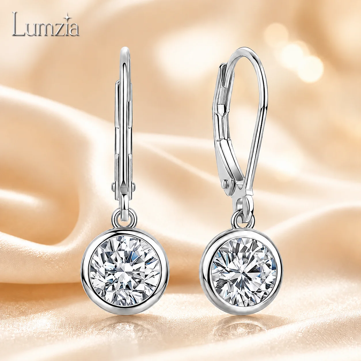 Moissanite Leverback Drop Earrings 1CT Round Cut Bezel Set S925 Sterling Silver D Color VVS1 GRA Certified Gift for Women