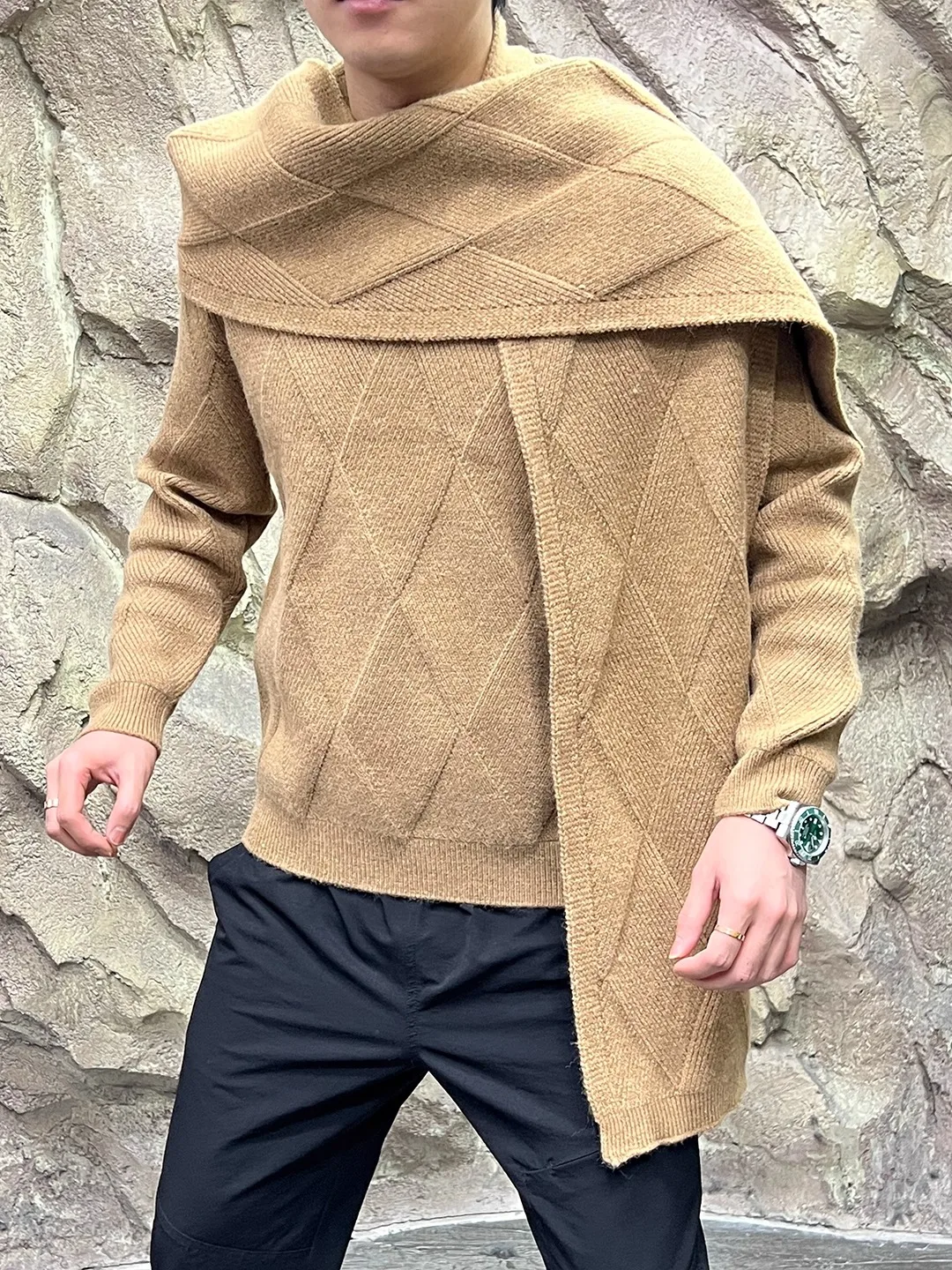 

Комплект из двух предметов, свитер с шарфом, свободный вязаный осенне-зимний эластичный свитер V-Ne Long Sve, теплая повседневная одежда