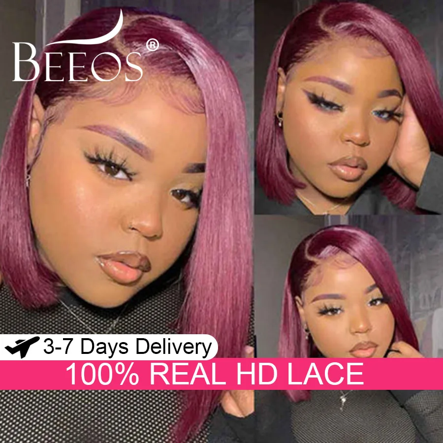 

Glueless Burgundy Bob Wigs 9x6 HD Lace Closure Wigs Human Hair 99J Red Blunt Cut Colored Pre Cut Lace Short Bob Melted Skins
