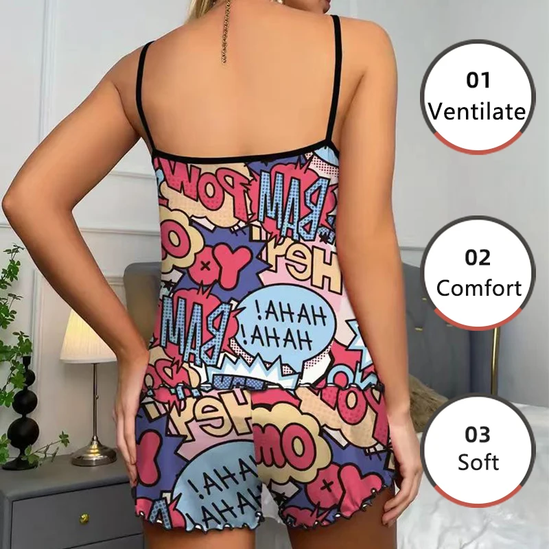 Women Pajamas Sleepwear Pajama Set Sports Camisole And Shorts S M L Multicolour Cartoon Rich Color Print Ventilate Comfortable