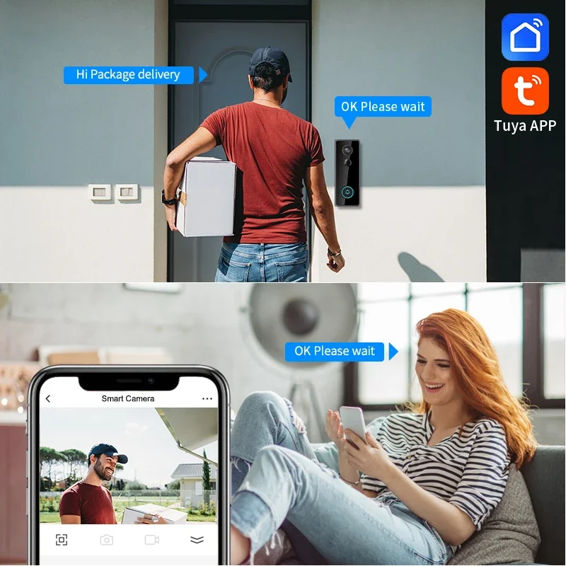 TUYA 2.4G WiFi Video Doorbell 1080P Wireless Bell Tuya APP Smart Intercom Camera IP65 Waterproof Ring Bell with 4000mAh Battery