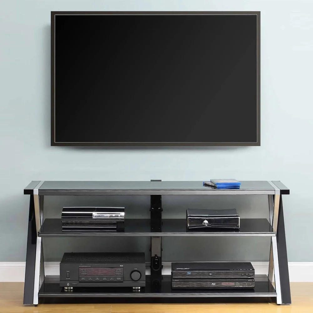 Modern Black TV Stand 60 Inch Flat Panel TVs with Tempered Glass Shelves and Cable Management System