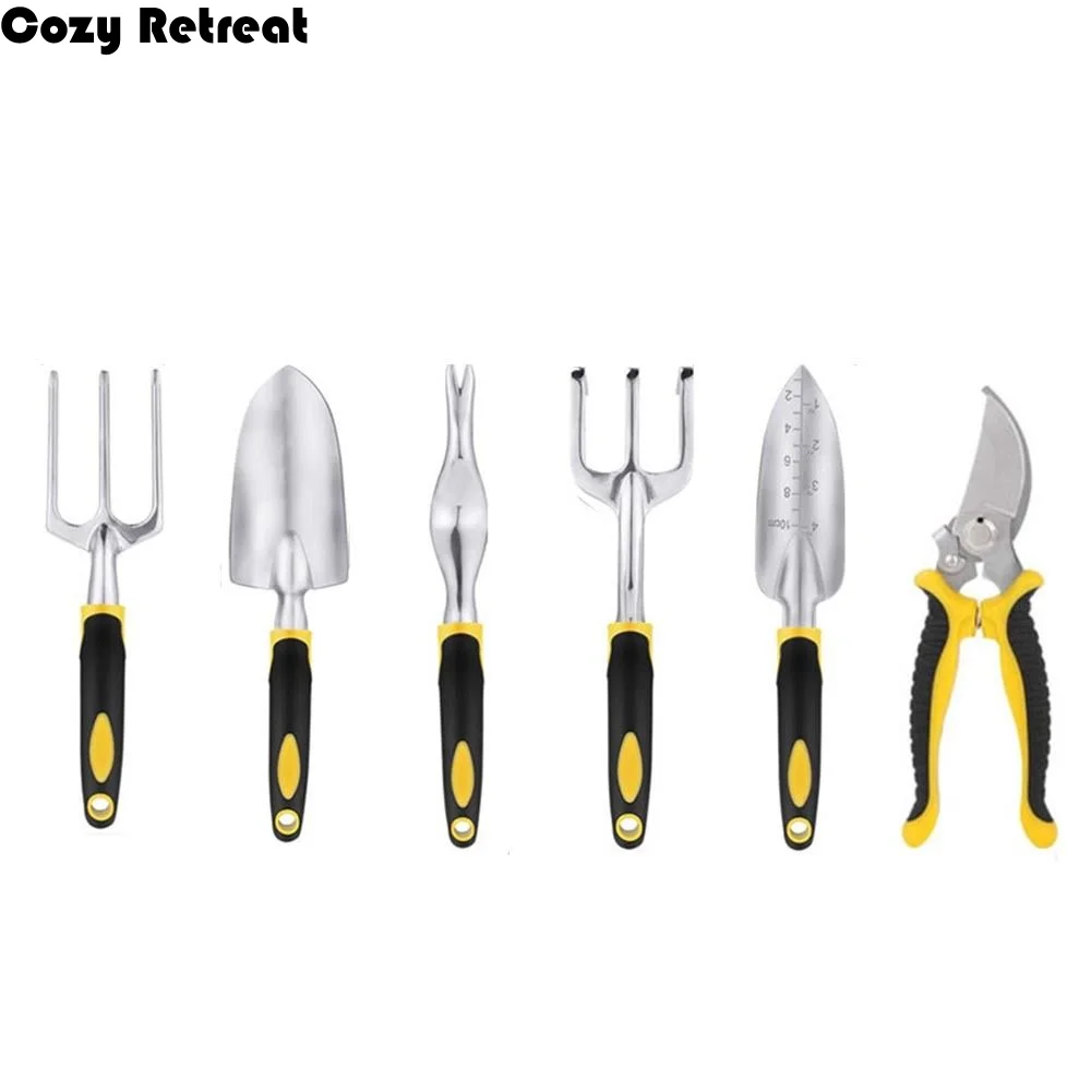 

Набор садовых инструментов: ручной культиватор, трехзубчатая лопатка, широкая лопатка, садовая лопатка, секатор, корнеудалитель, лопатка для пересадки, инструмент для прополки