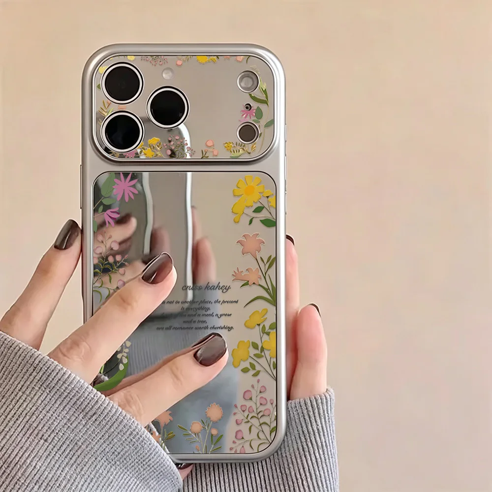 Flower Mirror Phone Case For iPhone 17 Pro Max 16 15 14 13 11 12 18 Pro Max Shockproof Soft Large Window Lens Protect Back Cover