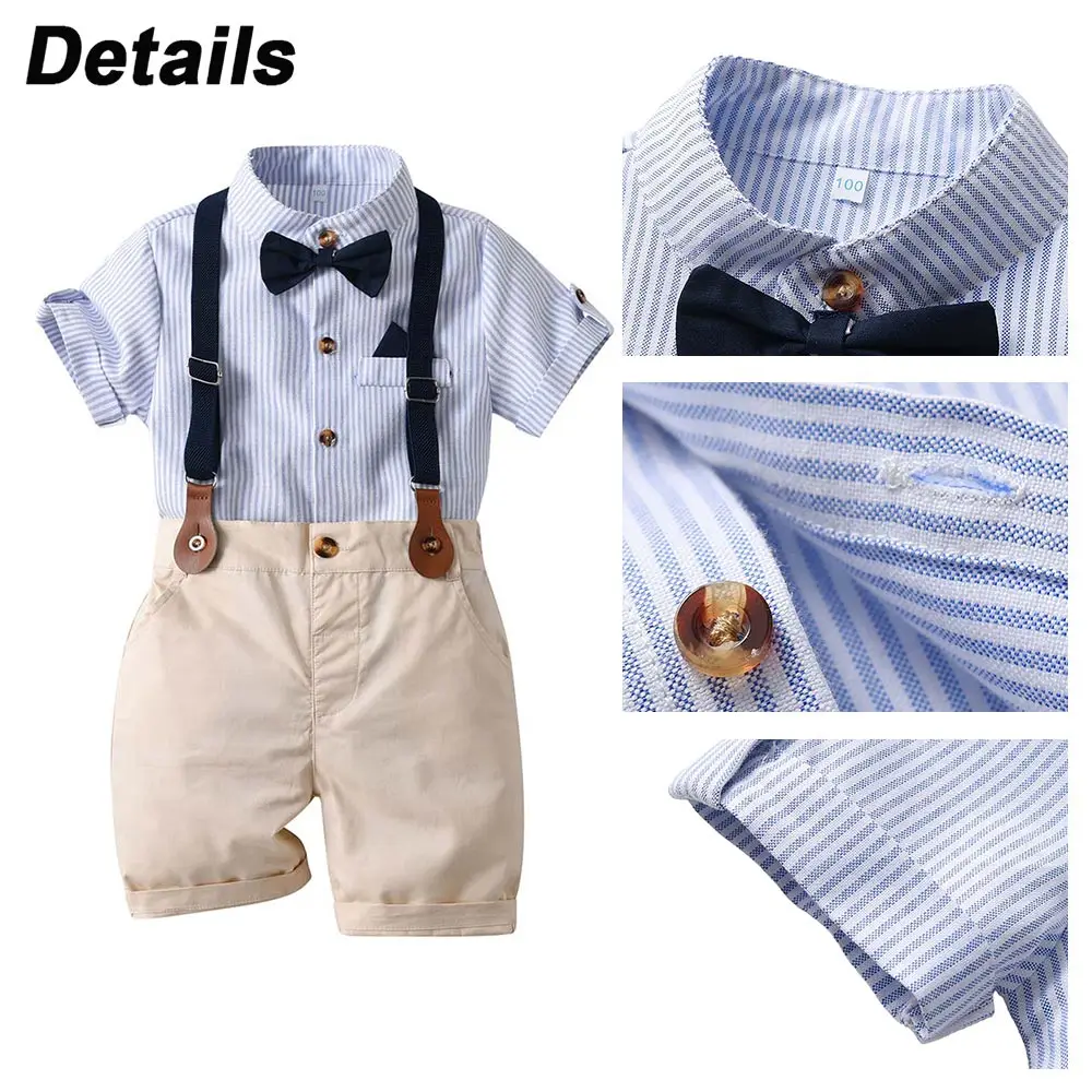 LAPA 12M-6Y Kids Gentleman Costume Baby Boys Short Sleeve Striped Bow Shirt+Overalls Shorts 2pcs Formal Dress Children\'s Outfits