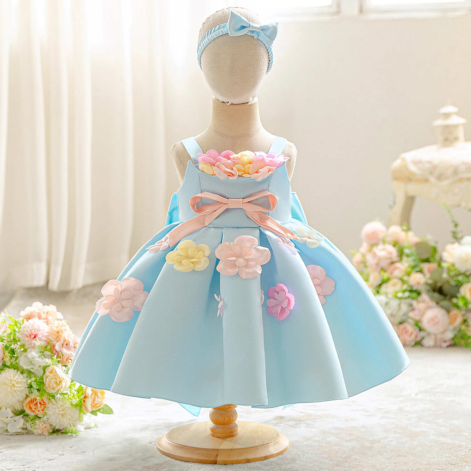 

Colorful Flower Wedding Party Baby Girls Dress Elegant Bow 1st Birthday Baptism Princess Evening Dresses Bridesmaid Prom Costume