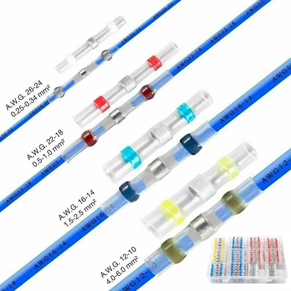 400Pcs Solder Ring Terminal Waterproof Solder Seal Butt Heat Shrink Wire Connectors Terminals AWG12-10 16-14 22-18 26-24 Kit