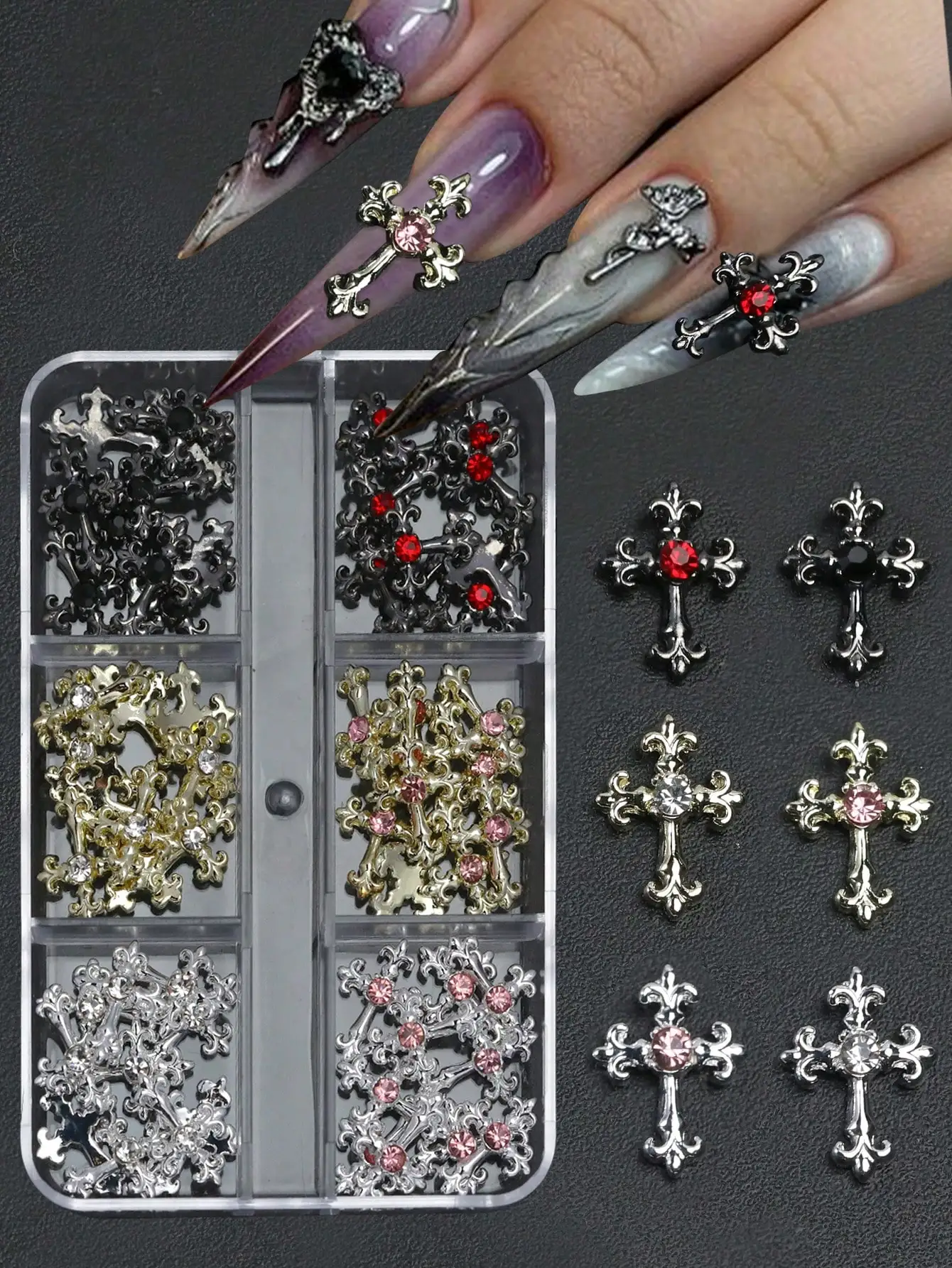 

60pcsY2K Gold Silver Black Cross Nail Decorations Set With Rhinestones Alloy Nail Art Charm Accessories For Manicure DIY Styling