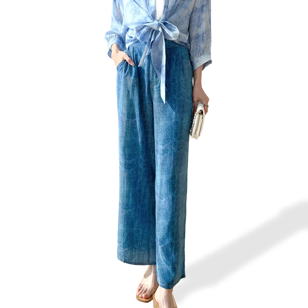 Women's Casual Summer New Denim Texture 100%Natural Mulberry Silk Crepe De Chine Elastic Waist Slanted Pocket Straight Leg Pants