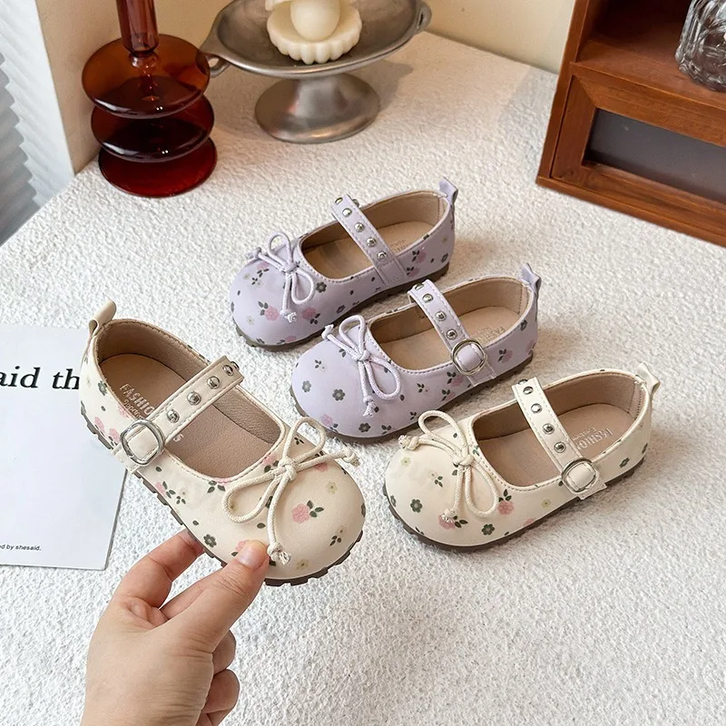 

Girl's Sweet Bow Print Sahllow Mouth Casual Princess Shoes 2025 Autumn Children's Soft Soled Comfortable Versatile Single Shoes