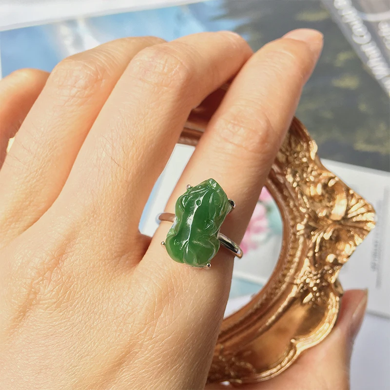 

Hetian Jasper pixiu Rings Natural Green Stone Jewelry Knuckle Sterling silver open Rings Femme Minimalism Jewelry Boho Rings