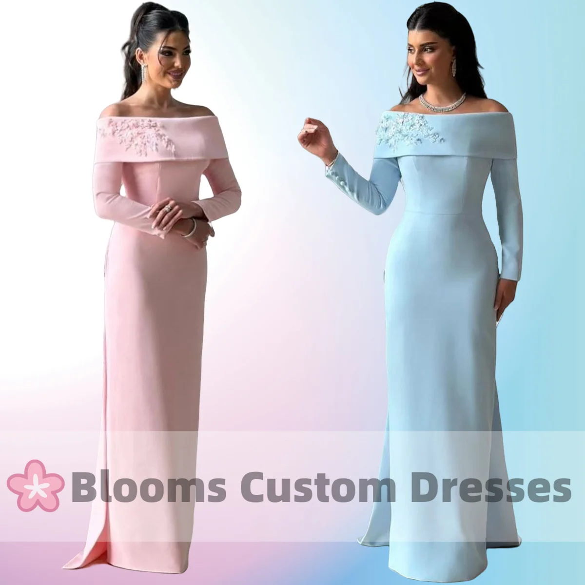 Blooms Pink Crepe Off Shoulder Sequin Appliques Evening Dress Elegant Prom Dress Back Train Buttons Customized Formal Party Gown