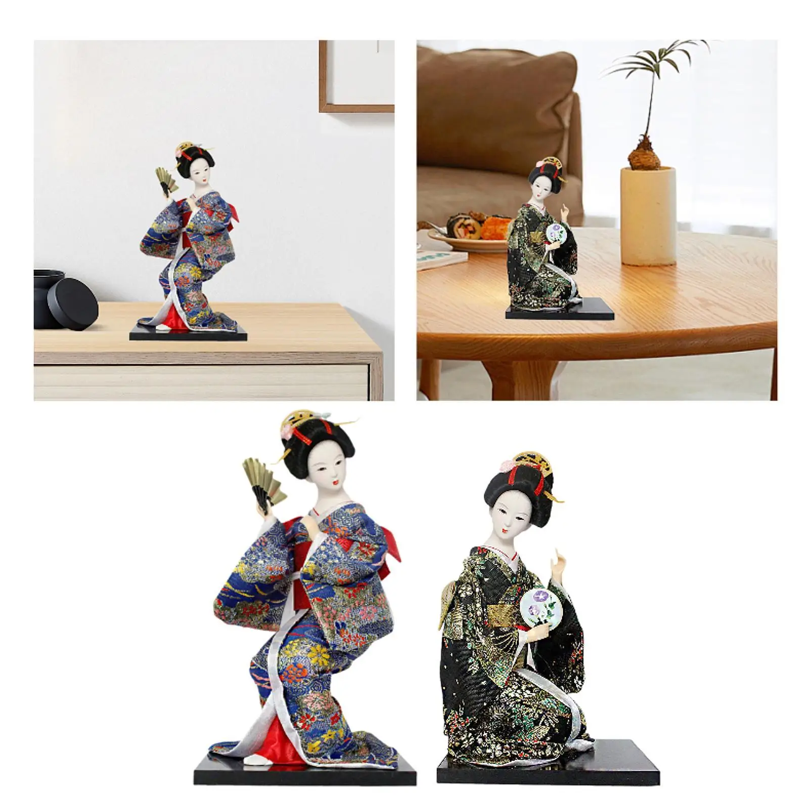 Squatting Japanese Kabuki Doll Kimono Statue Ornament Wood Resin Craft Figurine for Office Bookshelf Living Room Table Display