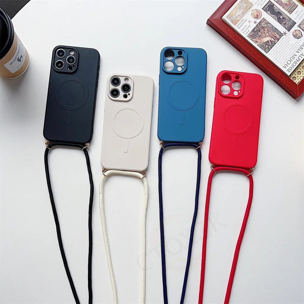 Crossbody Lanyard Magsafe Magnetic Wireless Charging Phone Case For iPhone 16 15 14 13 Pro Max 12 11 Liquid Silicone Matte Cover