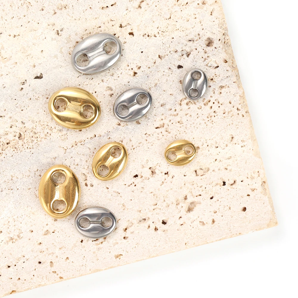 5Pcs Stainless Steel Coffee Bean Charm Double Hole Oval Flat Pig Nose Bead Connector for DIY Link Chain Bracelets Jewelry Making