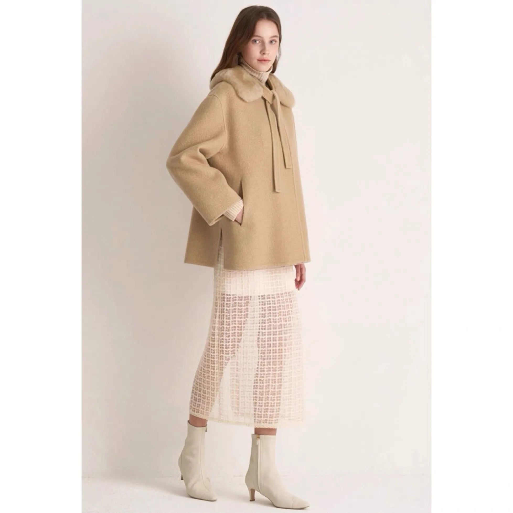 

Lemon Cheese Thiened Woolen Coat Hand Sewn Alpaca Fiber True Fur Collar High Quali Winter Outerwear Ele Commute Sle