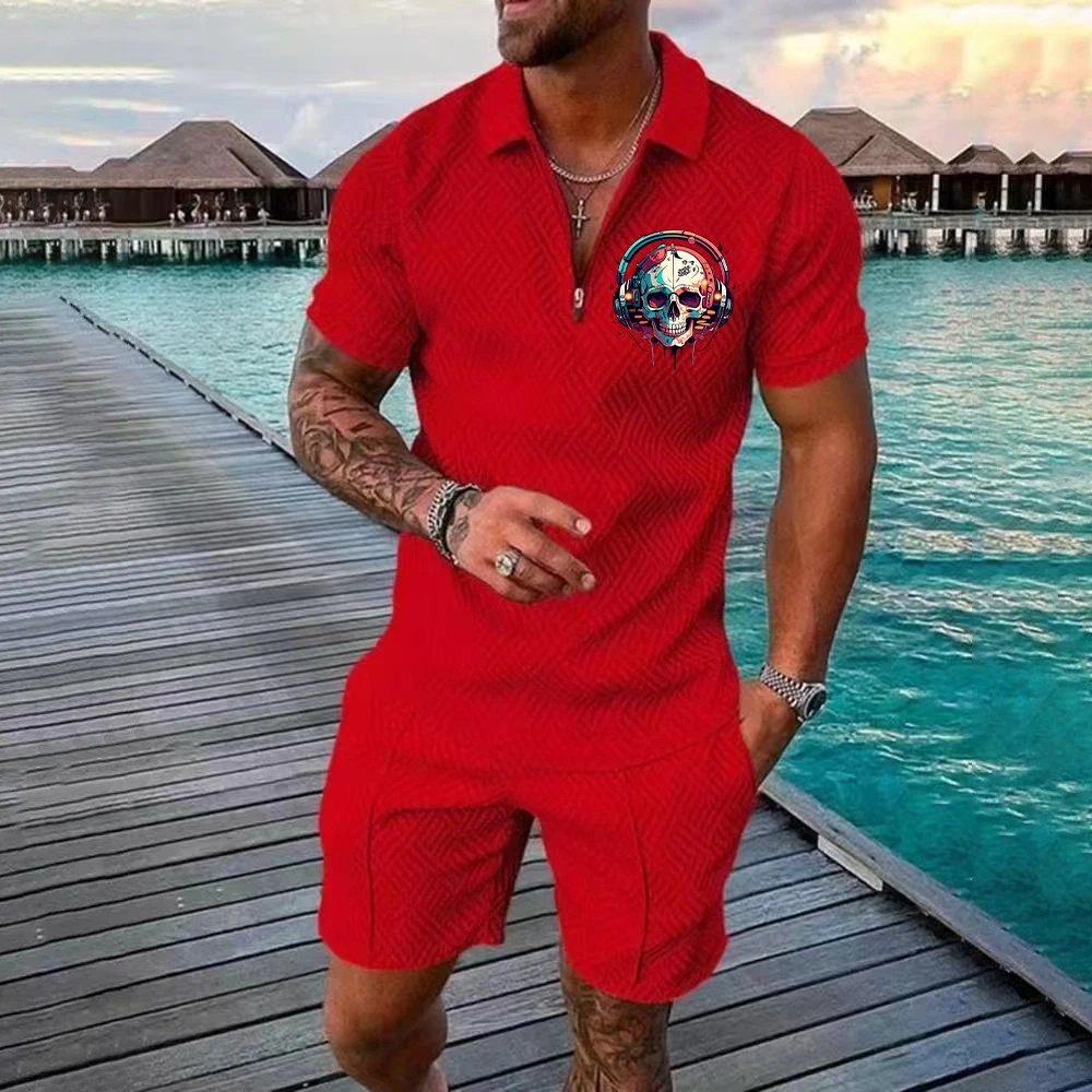 Fun 3D Skull Printed Men's Two-piece Fashion Collar Shirt+Shorts Set Casual Short Sleeved Zipper Shirt Summer Hip-Hop Streetwear