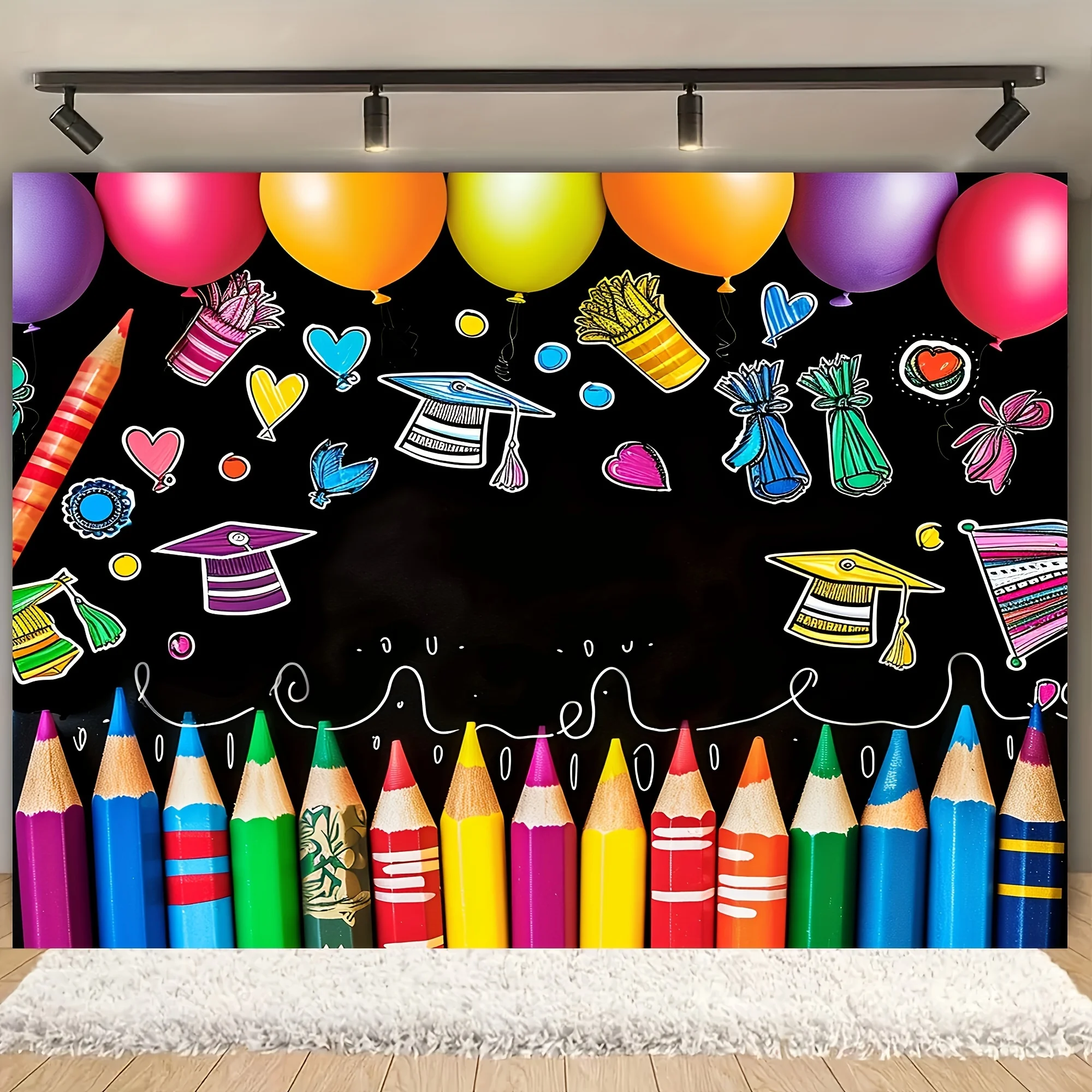 Colorful Crayon Pattern First Day Of School Backdrop-Polyester Banner For Classroom & Graduation Party Decor, Indoor/Outdoor Use