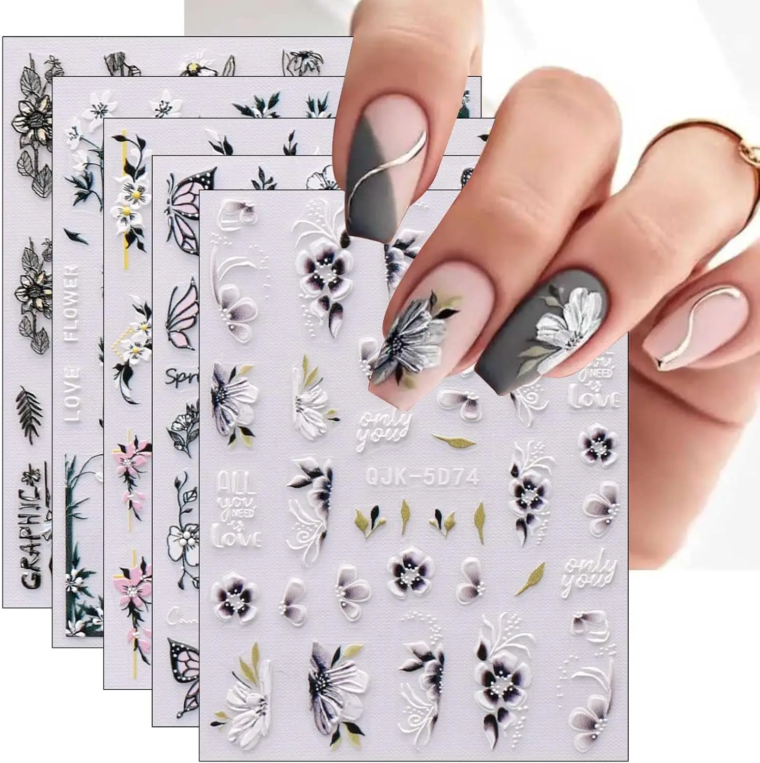 

6 Sheets 3D Embossed Spring Flower Nail Art Stickers Self-Adhesive Decals for DIY Nail Design, Easy to Use and Remove