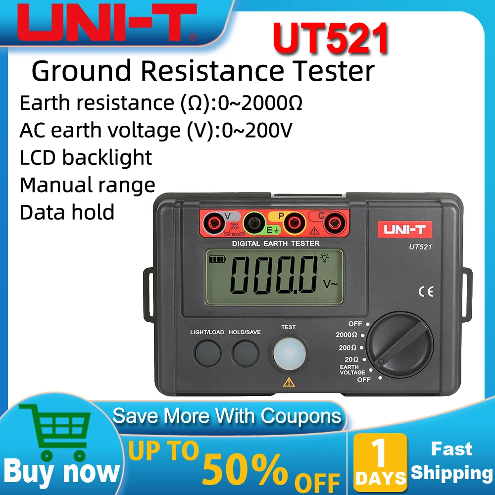 UNI-T UT521 UT522 Grounding Resistance Tester Low Voltage Display Data Storage Over Range Display LCD Backlight