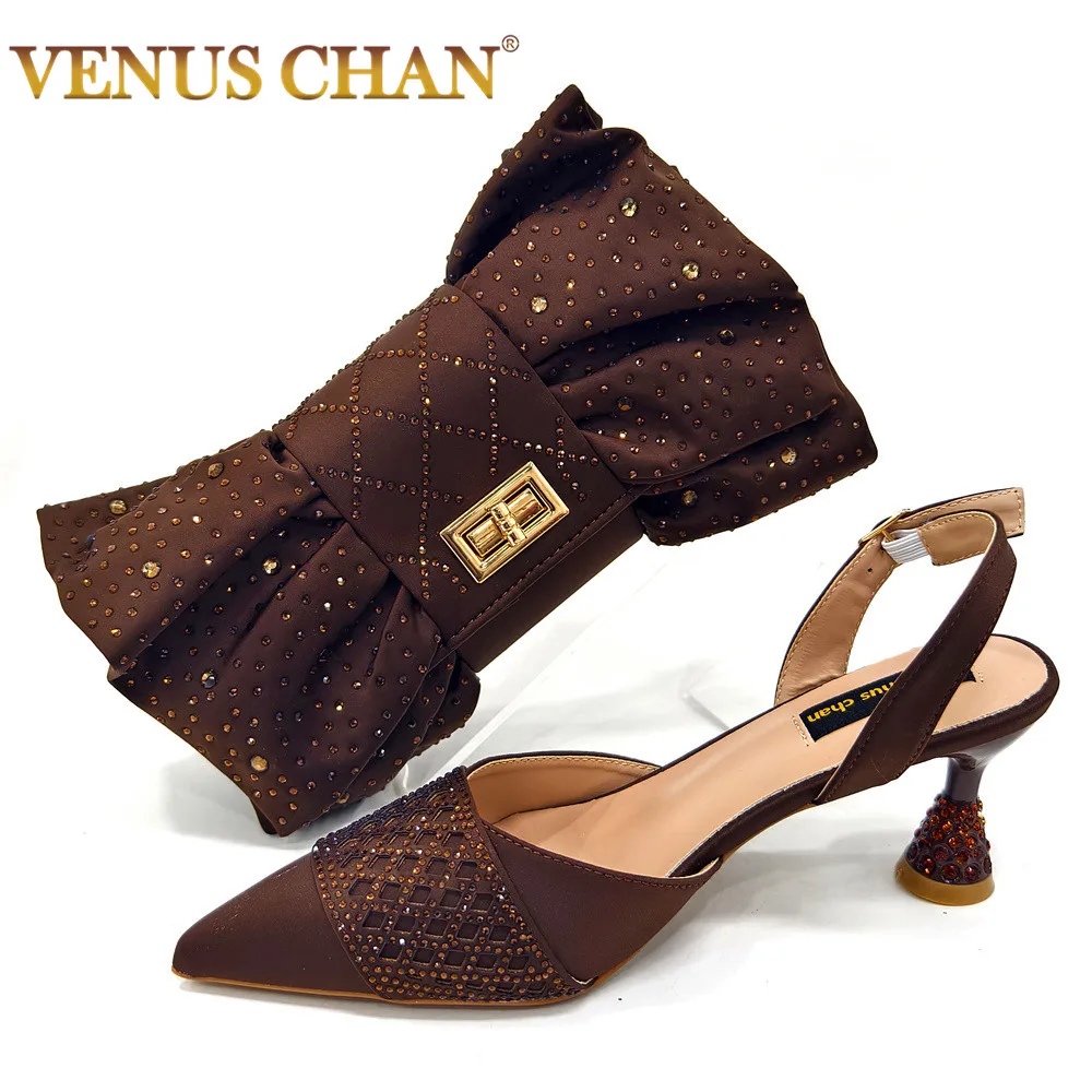 Venus Chan 2025 Fashion Brown Color Women's Party Shoes and Bag Set With Elegant Diamond Butterfly Design - Stylish and Chic