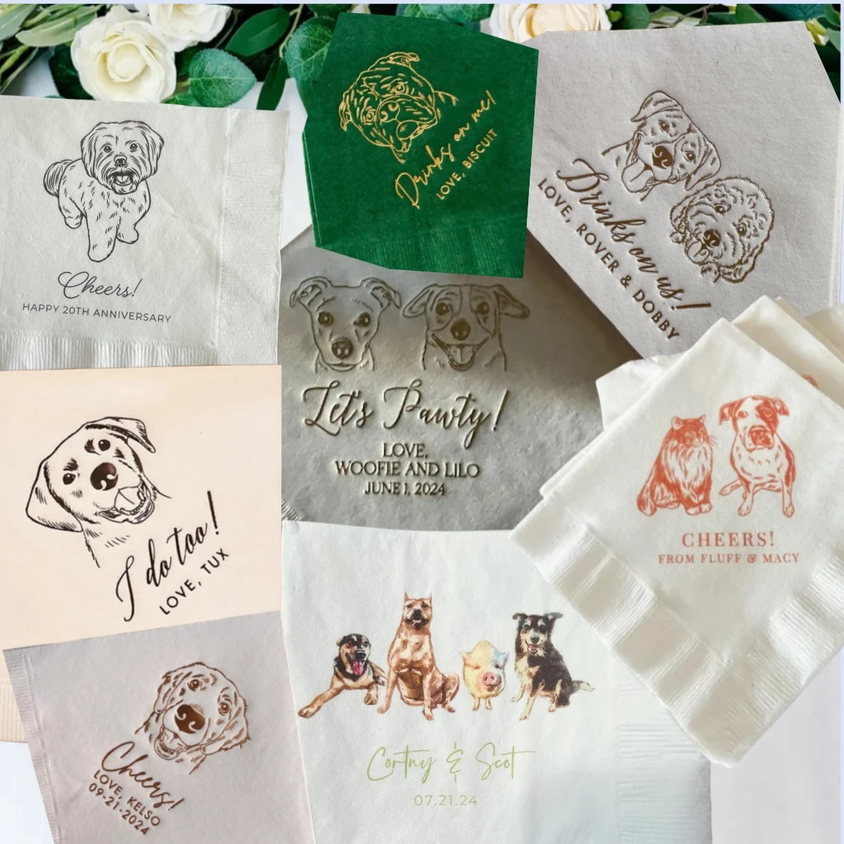 Personalized Illustrated Dog Wedding Cocktail Napkins, Bride Shower Rehearsal Dinner Pet Napkins, Birthday Party Napkins,50Pcs