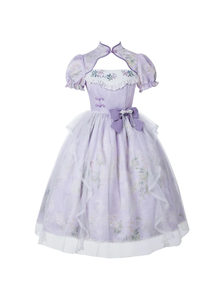 Puji-vestido ahuecado con cuello Cheongsam de estilo chino Original, bordado de flores lilas, dulce Lolita, Verano