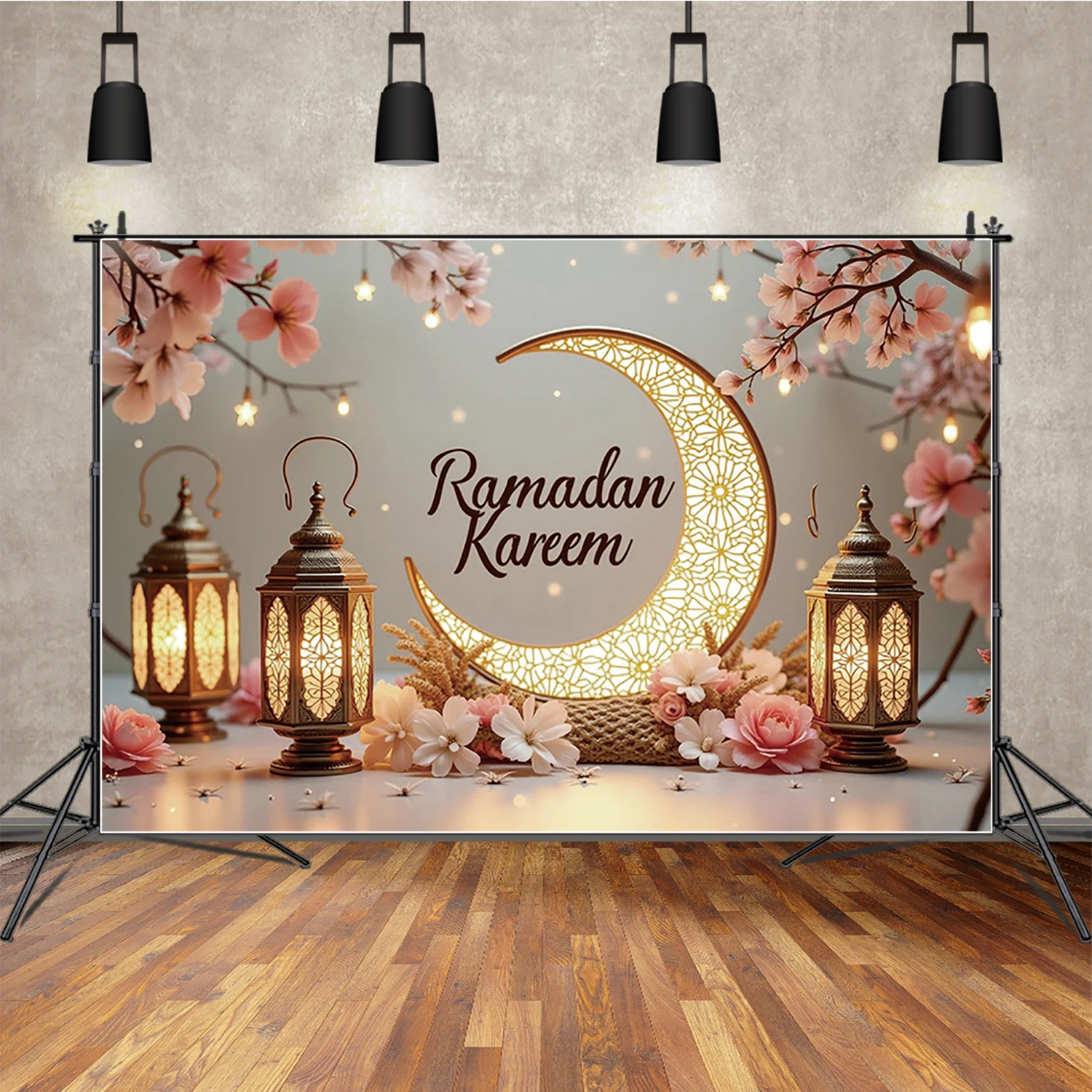 

MOON.QG Eid Mubarak Background Photography Flower Moon Light Lantern islam Backdrop Banner Studio Photo Celebration