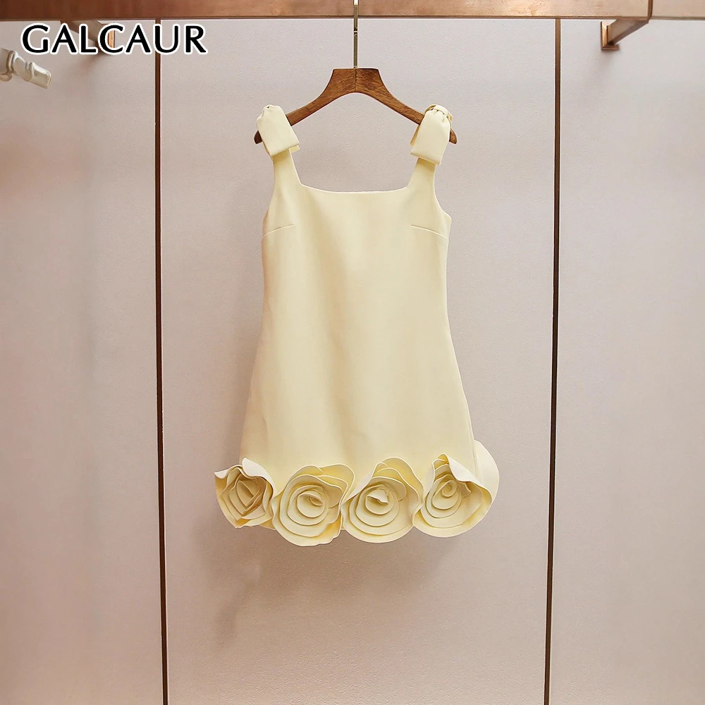 

GALCAUR Yellow Spliced 3D Flower Dress Female Square Collar Sleeveless Patchwork Bow Women's Dresses Fashion Summer Style New