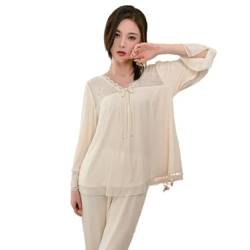 Pajamas Female Autumn Vintage Sweet Long Sleeve Nightdress Cotton Sleepwear Lace Nightgowns Homewear Set