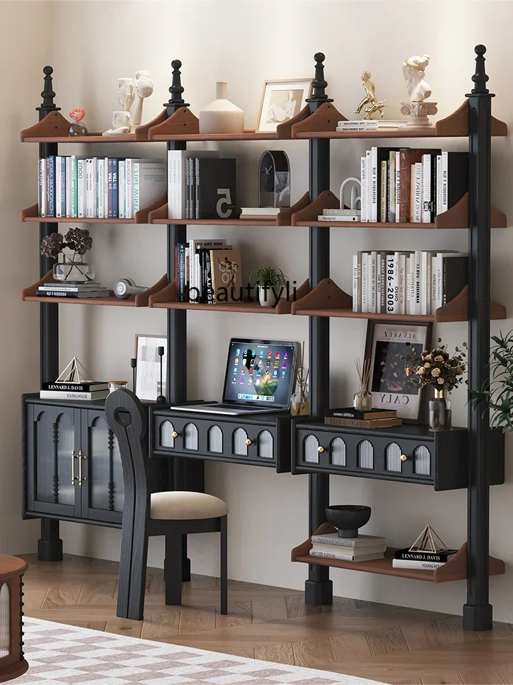Solid wood bookcase shelf French antique storage display cabinet American floor bookshelf