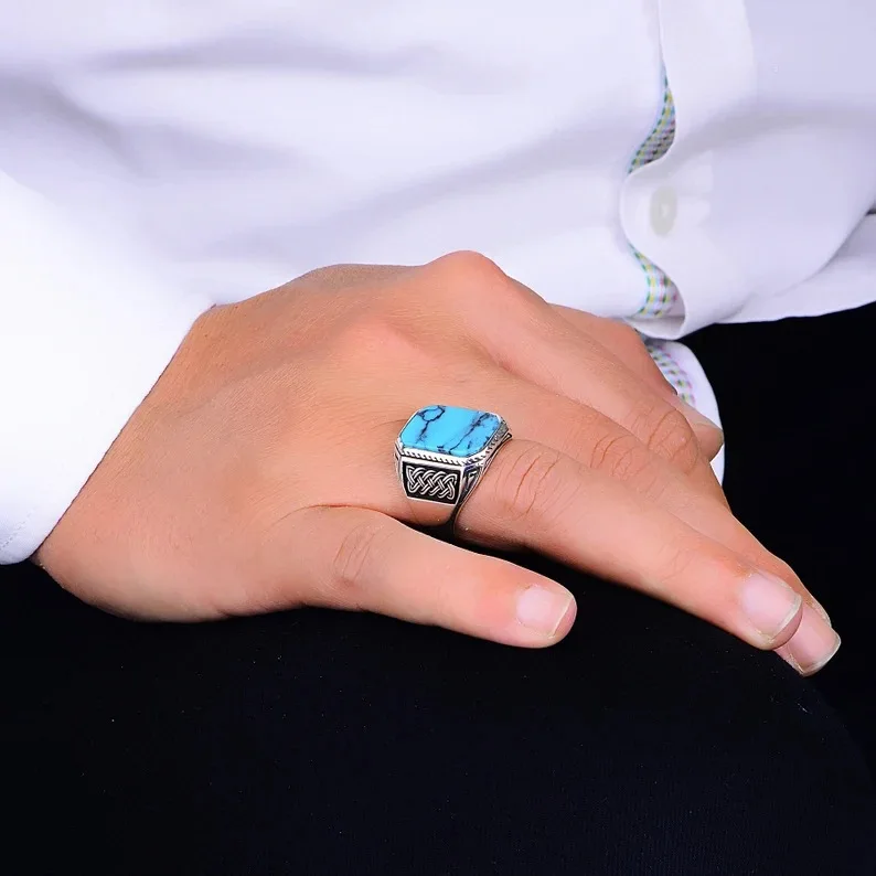 Personalized Vintage Viking Totem Turquoise Men\'s Fashion Accessories Punk Hip Hop Rings