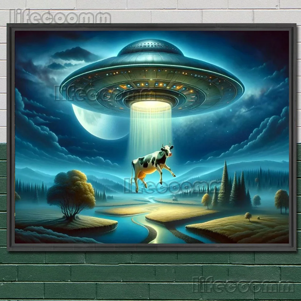 Aliens Ufo And Cows,Gothic Wall Art,Canvas Painting, Abduction Cow Artwork,Poster And Print, For Living Room Decoration,Unframed