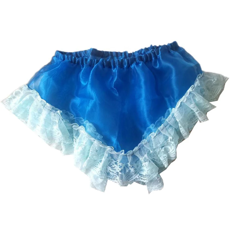 

French Sexy Adult Customized Fetishist Crossdressing Sissy Blue Tulle Spliced Lace Elastic Waist Triangle Shorts