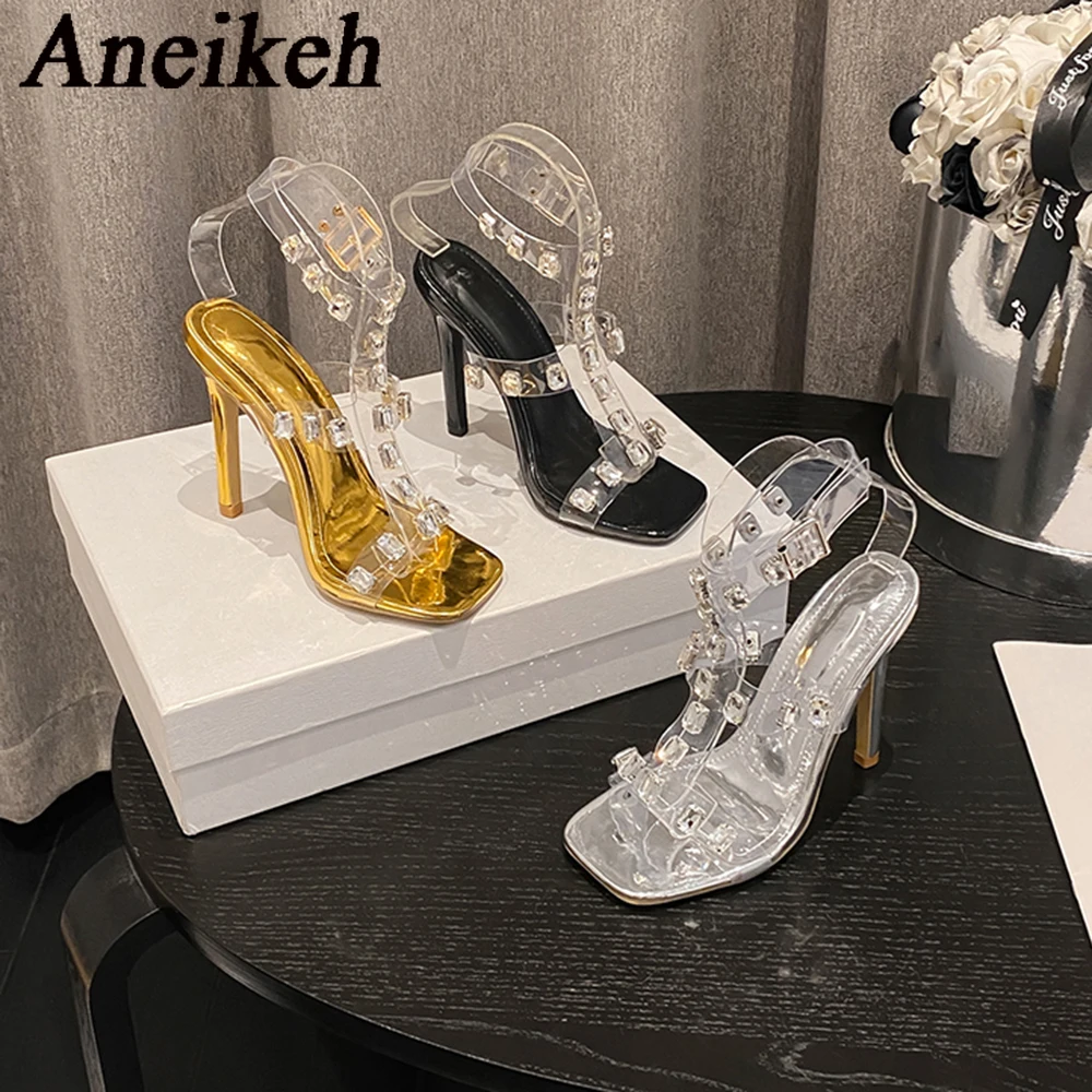 Aneikeh Summer Clear PVC Sandals Square Toe Stiletto High Heels Crystal Chain Ankle Strap Party Prom Shoe Elegant Designer Pumps