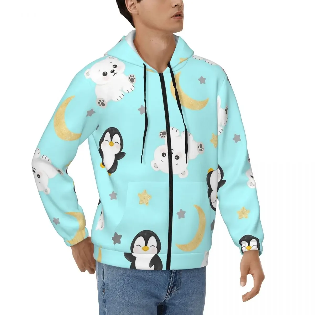 Simpatico animale pinguino orso polare stelle e luna cerniera felpa con cappuccio Harajuku pullover autunno inverno felpa top a maniche lunghe