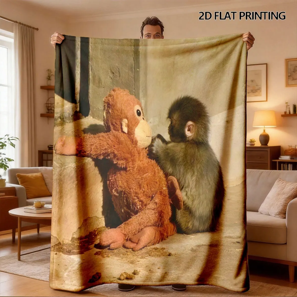 Punch Monkey Plush Doll Cozy Throw Blanket, Funny Animal Cartoon Couch Bed Wrap, Warm All Season Camping Decor Gift